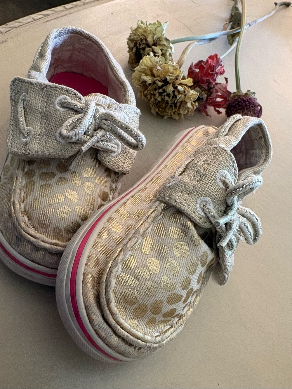 Sperry Kids Gold Spot Canvas Slip-On Sneakers with Pink Trim